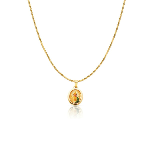 14K Yellow Gold St Jude Enamel Picture Charm Pendant with 0.9mm Wheat Chain Necklace 